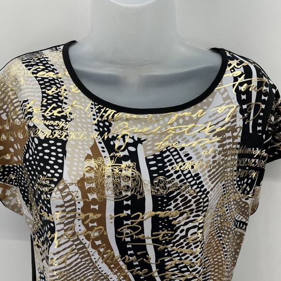 ALLISON DALEY Womens Size Petite Small Black Gold Script Shiny Dressy Top - Picture 4 of 8